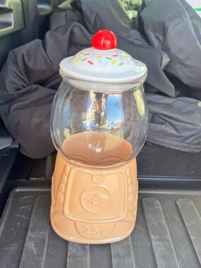 Candy Gumball Icecream Jar with Sprinkled Lid - Tan Base, Clear Globe, Red Knob